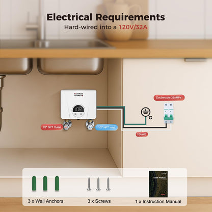 CAMPLUX Tankless Water Heater Electric 120V, 3500W Point of Use Instant Hot Water Heater, Save Space for Sink Wall Mounted LED Digital Display CSA Certified