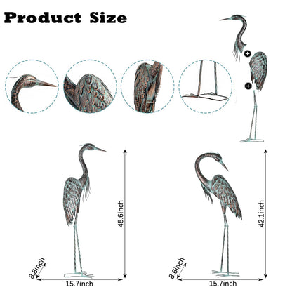 Kircust Garden Crane Statues, Standing Metal Patina Heron Decoy Outdoor Statue, 42-46 Inch Bird Yard Art for Patio Lawn Pond, Set of 2