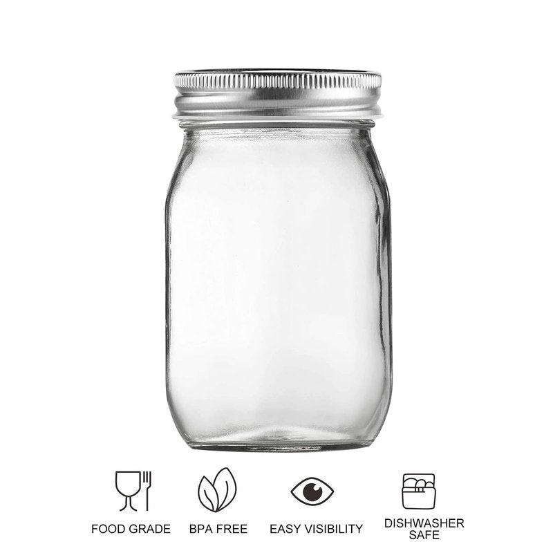BEWAVE Glass Mason Jars, 16oz Clear Glass Jars with Lids for Sealing, Regular Mouth Canning Jars for Food Storage, Snacks, Candies, DIY Projects, 4 Pack