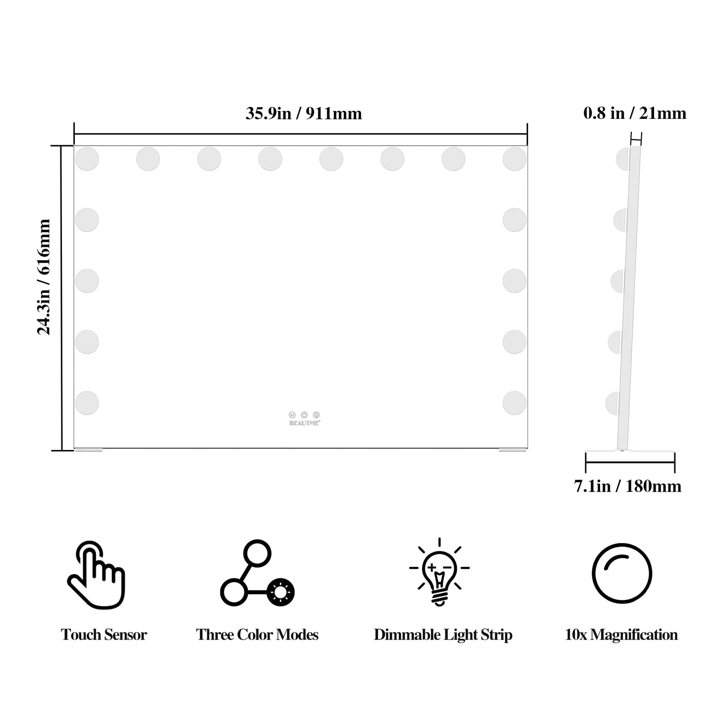 BEAUTME Large Vanity Mirror with Lights, 35.9''×24.3'' Makeup Mirror, Light up Mirror with 16 Dimmable LED Lights and 10X Magnification, 3 Colors Lights Modes, Touch Control, White