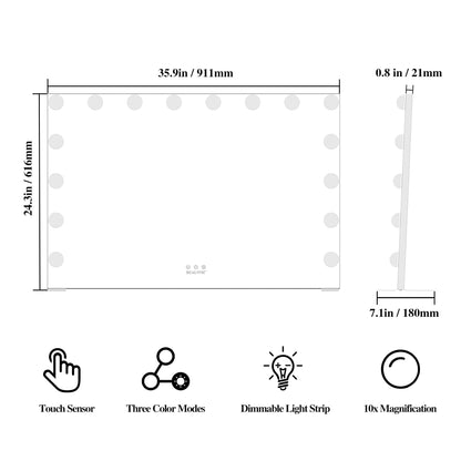 BEAUTME Large Vanity Mirror with Lights, 35.9''×24.3'' Makeup Mirror, Light up Mirror with 16 Dimmable LED Lights and 10X Magnification, 3 Colors Lights Modes, Touch Control, White