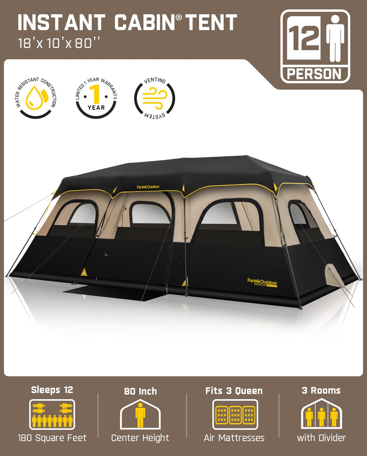 FanttikOutdoor Zeta C12 Pro Max Instant Cabin Tent 12 Person Camping Tent Setup in 90 Seconds with Rainfly & Windproof Portable with Carry Bag for Family Camping & Hiking, Upgraded Ventilation, Khaki