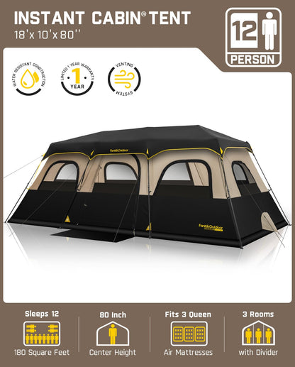 FanttikOutdoor Zeta C12 Pro Max Instant Cabin Tent 12 Person Camping Tent Setup in 90 Seconds with Rainfly & Windproof Portable with Carry Bag for Family Camping & Hiking, Upgraded Ventilation, Khaki