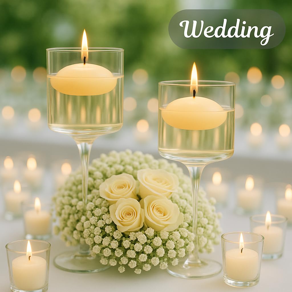 Floating Candles 2 Inch 24 Pack Ivory – CW Studio Unscented 6 Hour Burn, Smokeless Premium Paraffin Wax – for Wedding Centerpieces, Pool, Spa, Parties & Home Decor