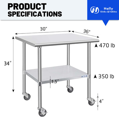 Hally Stainless Steel Table for Prep & Work 30 x 36 Inches with Caster Wheels, NSF Commercial Heavy Duty Table with Undershelf and Galvanized Legs for Restaurant, Home and Hotel