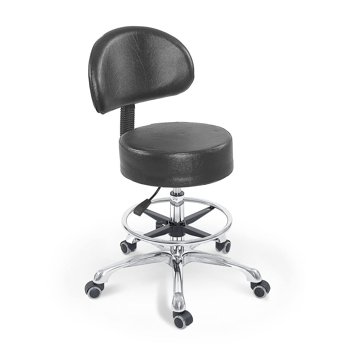 Grace&Grace Height Adjustable Swivel Rolling Stool with Back Extra Thick Seat for Ultimate Comfort for Salon, Studio, Shop, Kitchen (Black,with Foot Rest)