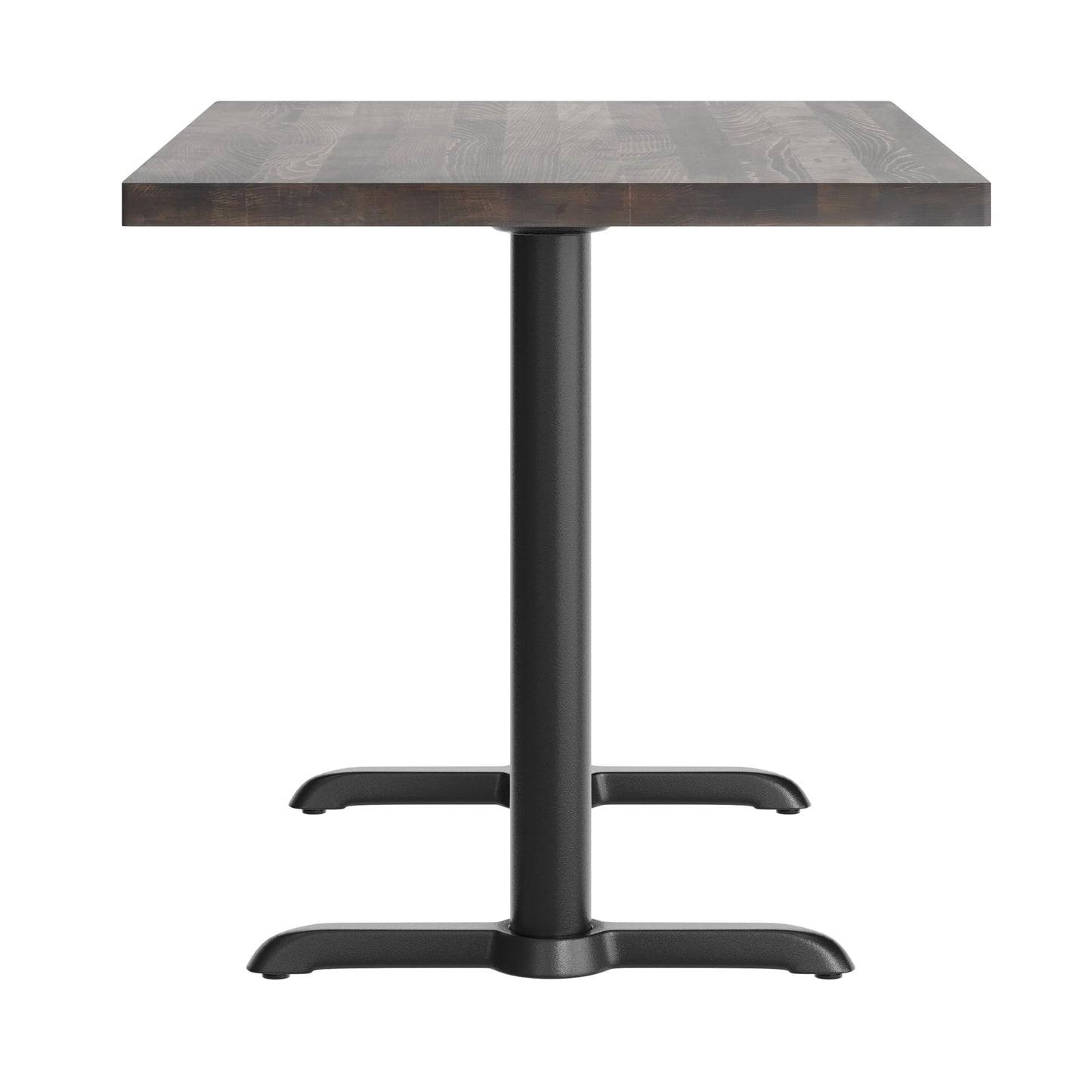 Flash Furniture Bennett 30" x 48" Solid Wood Commercial Indoor Tabletop in Dark Brown with Dual 5" x 22" Dining Height Black Cast Iron T Bases, 400 lb. Static Capacity