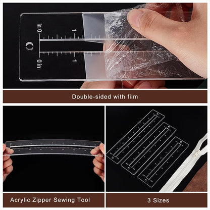 PH PandaHall 6pcs 3 Sizes Zipper Making Template Set, Clear Patchwork Ruler Sewing Tools, Acrylic Zip Pocket Templates for Leather Lace-in Boot Inserts, Bag DIY Crafts