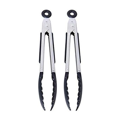 Farberware Mini Tongs Set of 2, 8 Inch Nylon Tip Kitchen Tongs for Cooking and Serving, Stainless Steel Arms with Soft-Grip Handles, Locking Mechanism, Black, Dishwasher Safe
