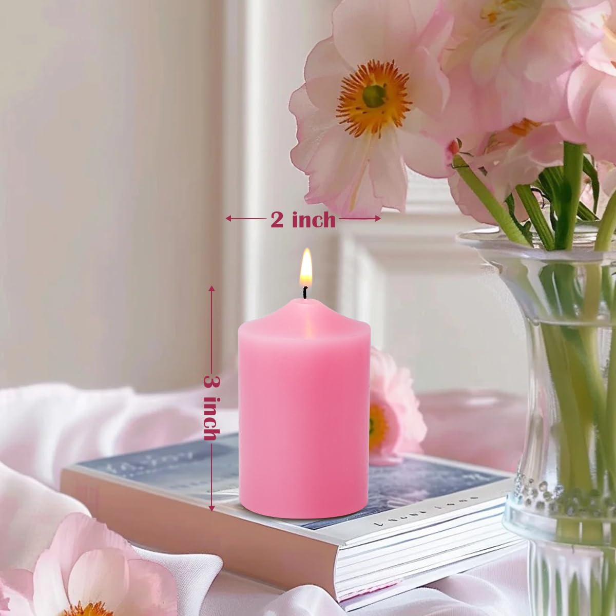 12 Pack 2x3 Inch Pink Pillar Candles, Unscented Column Candles for Home Restaurants Spa Church Weddings, Smokeless Dripless and Clean Burning Emergency Candle