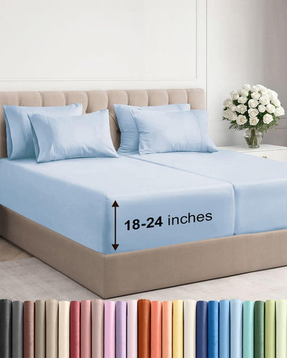 Skiennix Extra Deep Split King Sheet Set - 7 Piece Cooling Luxury Bedding - Soft, Wrinkle-Free, Sky Blue