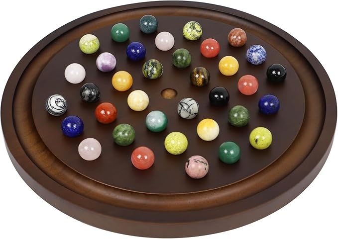 Large Solitaire Game Handmade Solid Wooden Marble Board Game Set with 36 Natural Marble Marbles Classic Thick Round Board Games for Adults Game Night (Walnut Medium)