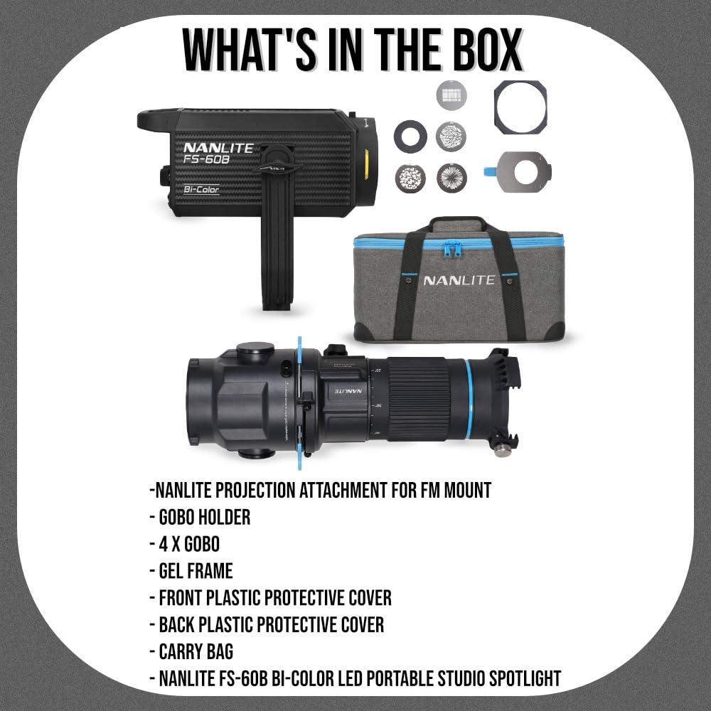Nanlite FS-60B Bi-Color LED Portable Studio Spotlight with App Control and Projection Attachment for FM Mount with High-Precision Optics Bundle (2 Items)