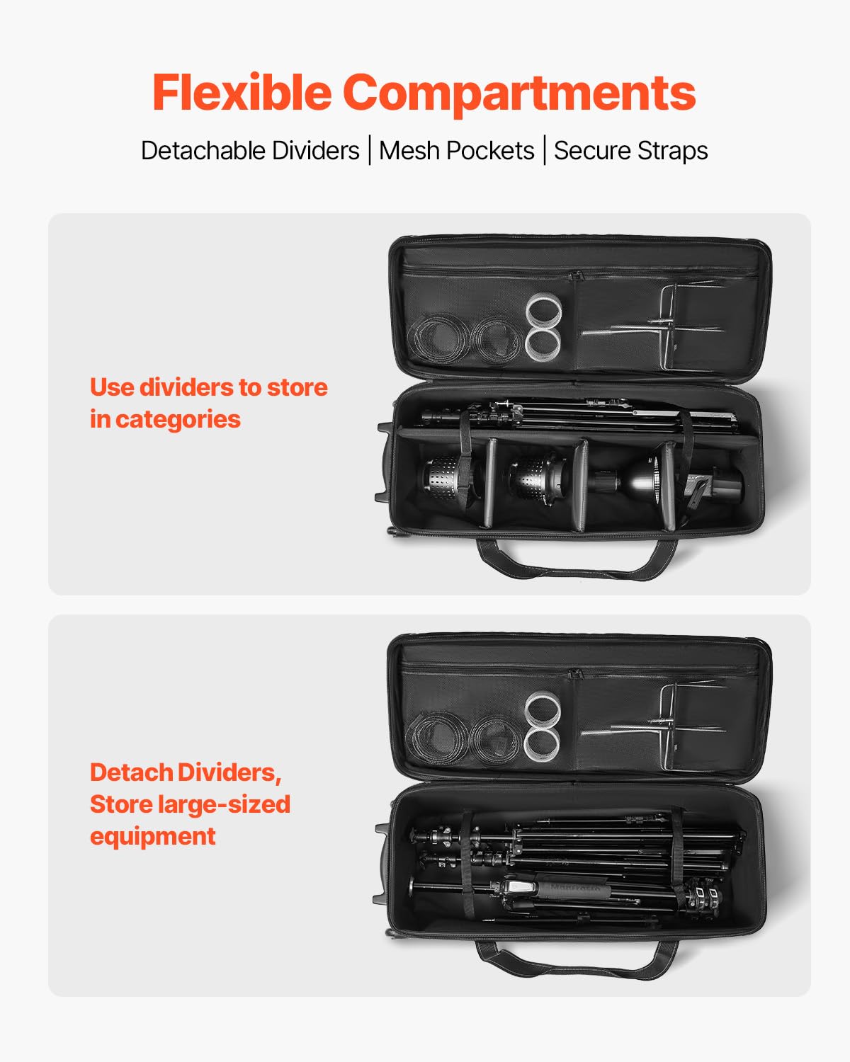 VEVOR Studio Equipment Trolley Case, 39.37 x 14.96 x 12.60 in / 100 x 38 x 32 cm, Rolling Camera Bag, Carrying Bag with Wheels Straps Padded Compartment Handle, for Light Stands, Tripods, Telescopes