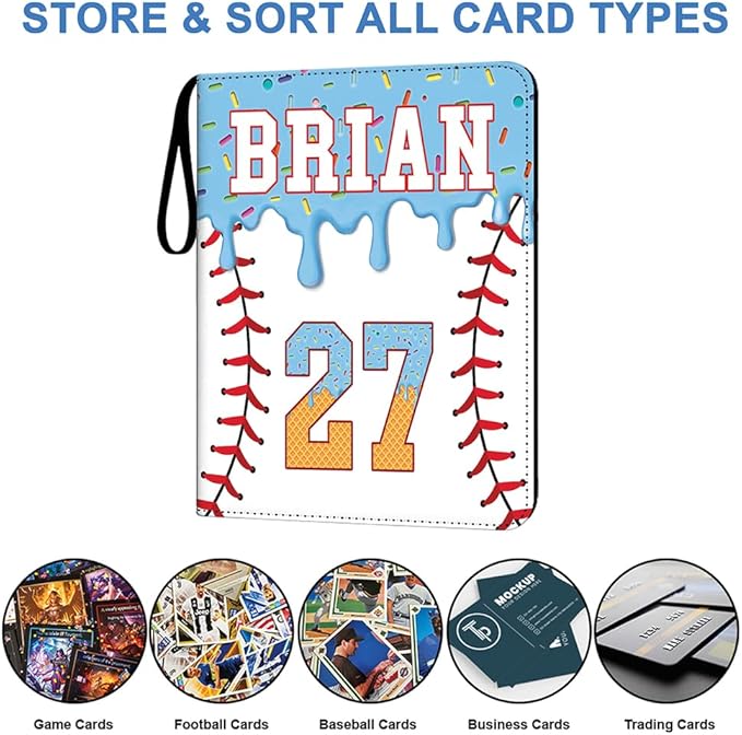 Personalized Ice Cream Drip Baseball Card Binder with Name &amp Number – Zipper Trading Card Album with Handle – Collector Case for Players &amp Fans (Ice Cream Drip Art #1)