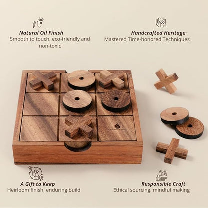 Wooden Tic Tac Toe (XOXO) Game – Handmade 2-Player Strategy Board Game – Travel Size Rustic Tabletop Decor – Sustainable Wood Gift for Adults Kids Couples Family (Classic)