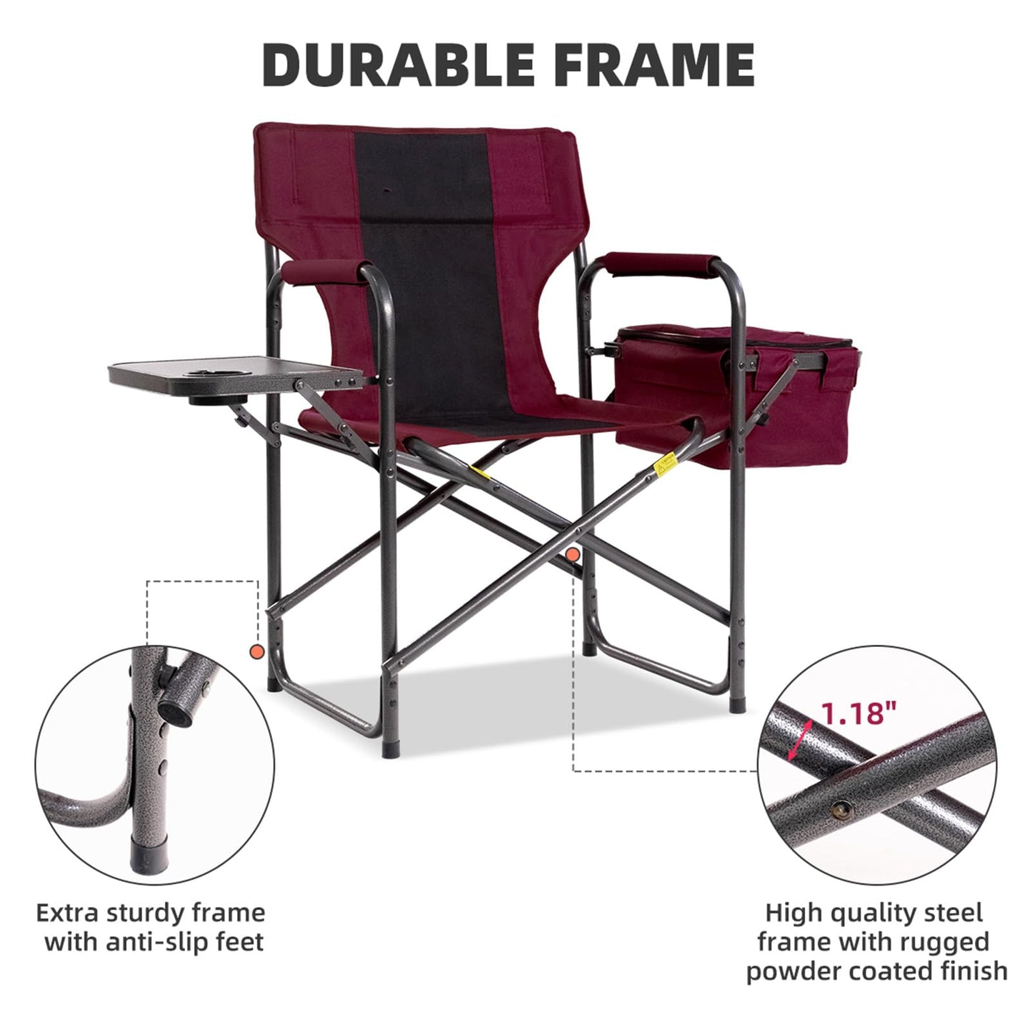 Foristrail Director Camping Chair Set of 2 with Cooler Bag & Foldable Side Tray - 400lbs Heavy Duty Outdoor Folding Lawn Chair, Portable Camp Chair for Backyard, Fishing, Beach (Wine Red)