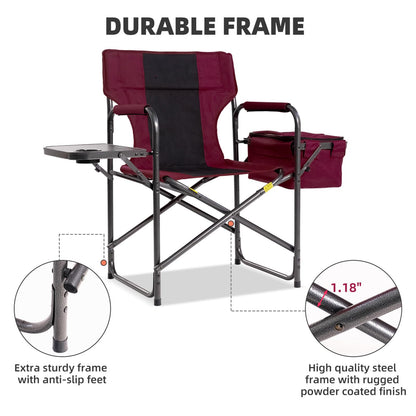 Foristrail Director Camping Chair Set of 2 with Cooler Bag & Foldable Side Tray - 400lbs Heavy Duty Outdoor Folding Lawn Chair, Portable Camp Chair for Backyard, Fishing, Beach (Wine Red)