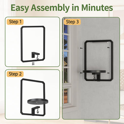 LASZOLA Plant Hangers Holder Wall Mount Indoor Window with 2 Grow Light, 2 Pack Floating Flower Stand Shelf with Hooks, Metal Picture Frame Hanging Planter Display Decor for Kitchen Bathroom, Black