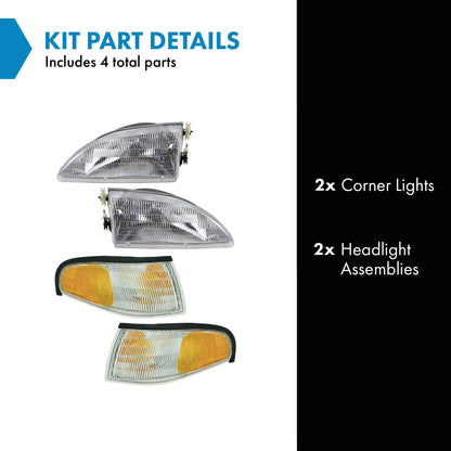 TRQ Headlight Assembly Set for 1994-1998 Ford Mustang, Driver & Passenger Side, Model LKA55910, Yellow