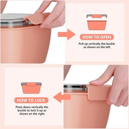 Cherrysea Salad Lunch Container, 68oz Salad Bowls with 4 Compartments Tray,Leak Proof Lunch Box with Fork for Men,Women BPA-Free Snack Container with Sauce Container for Dressings-Pink