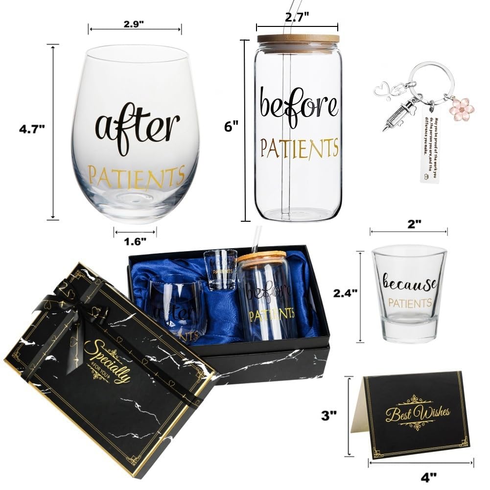 PUGED Before After Because Patients Gift Set 16 Oz Can Glass 18 oz Stemless Wine Glass and 2 oz Shot Cup Funny Gifts for Dentist Doctors Nurses Day Graduation (Black)