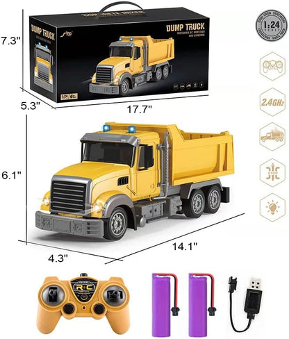 RC Dump Truck Toy for Kids - 6 Channel Remote Control Dump Truck with LED Lights RC Construction Vehicle Truck Toys with 2 Rechargeable Batteries Gifts Ideas for 3-8 Years Old Boys and Girls