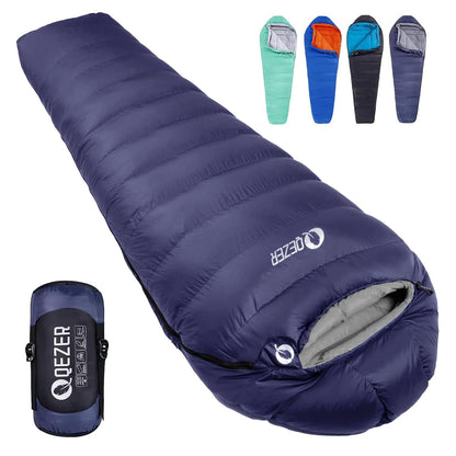 QEZER Down Mummy Sleeping Bag for Adults, 3 Season Lightweight Compact for Camping Backpacking Hiking, 45°F to 18°F Sleeping Bag with 600 Fill Power Down
