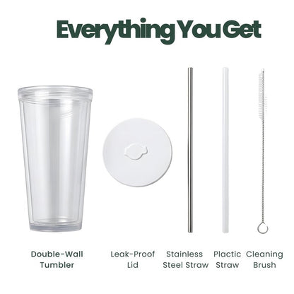 Kensal Home Reusable Iced Coffee Cup (24 Oz/Venti), Leak Proof and Double Wall Insulated Iced Coffee Tumbler, Come with Reusable Plastic and Metal Straws and Straw Cleaner - White