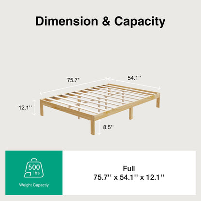 Novilla 12 Inch Wooden Full Size Bed Frame, Classic Solid Wood Platform Bed Frame Full Size, Sturdy Wood Slat Support, No Box Spring Needed, Easy Assembly, Pine