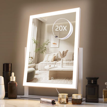 HIEEY Lighted Makeup Mirror, Hollywood Vanity Mirror with Lights, Three Color Lighting Modes, and 5X Magnification Mirror, Smart Touch Control, 360°Rotation (17.3in,White,Gift Box)