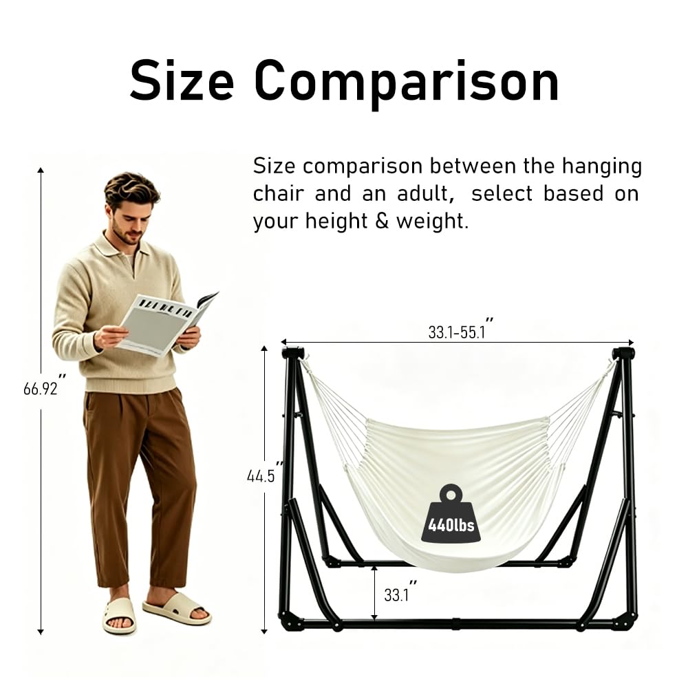 2-in-1 Hammock Chair with Stand for Adults, Portable Hammock with Collapsible Steel Frame, Adjustable Folding Design for Outdoor & Indoor Use, Patio, Camping, Travel, Supports 440 LBS