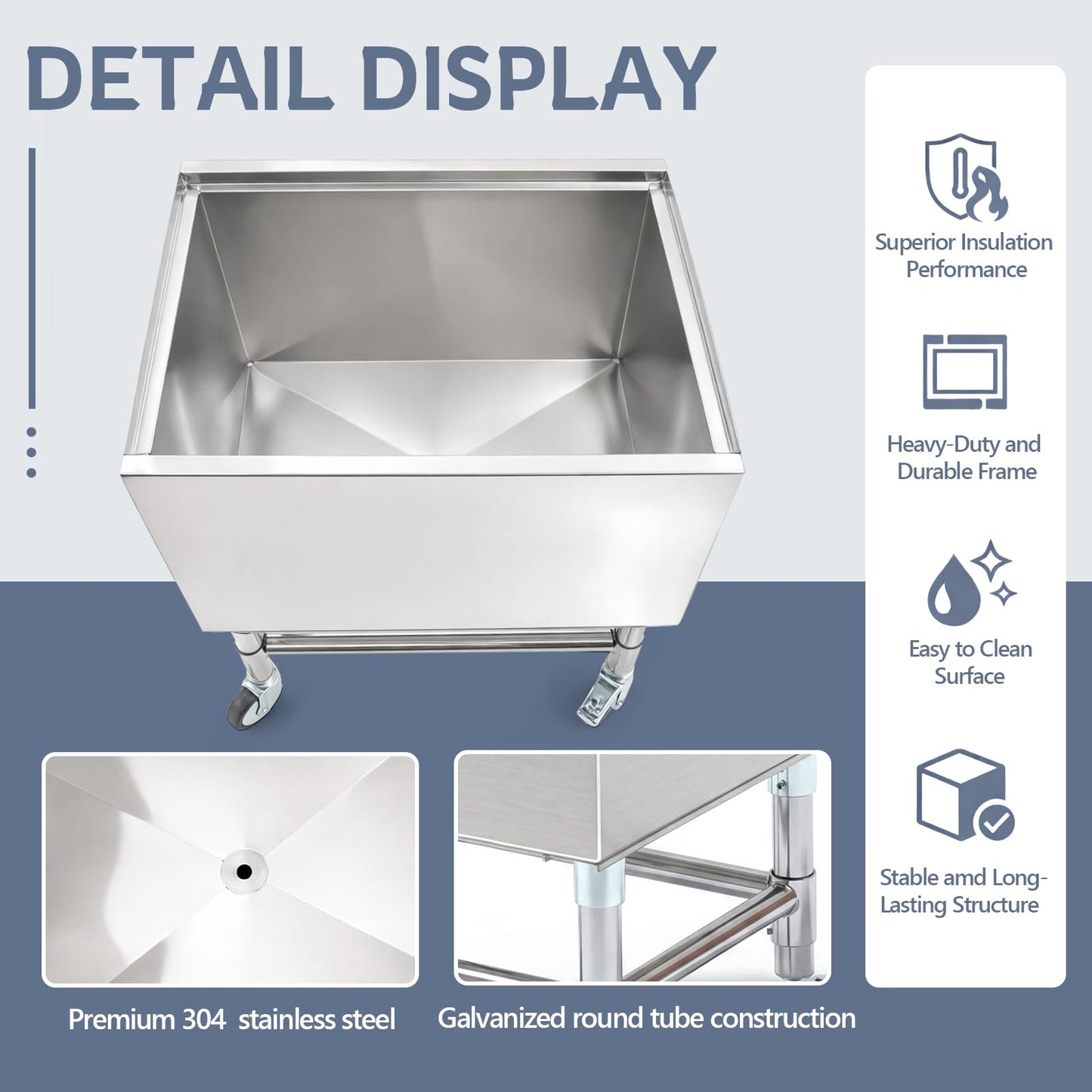 BreezeHug 18.5 x 24 x 30 Inches Commercial Ice Bin with Wheels, Underbar Stainless Steel Ice Chest with Sliding Lid, Cooler Cart Cocktail Unit for Bar Restaurant Pub and Hotels