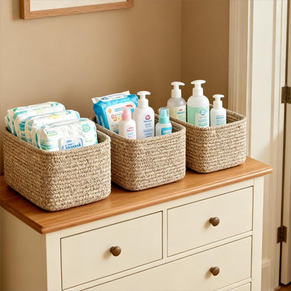 R RUNKA Small Cotton Rope Basket – Storage Bin for Organizing (10.6" x 6.7" x 6.7"), Bathroom Storage Basket for Shelf, Counter & Closet（Beige）