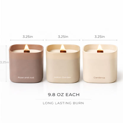 Set of 3 Premium Scented Soy Candles Gift Set | Nature's Bloom Collection - Gardenia, Hilton Garden and Rose & Oud | Crackling Wood Wick | Luxury Candles for Relaxation, Home Décor, Gifts | 9.8oz Each