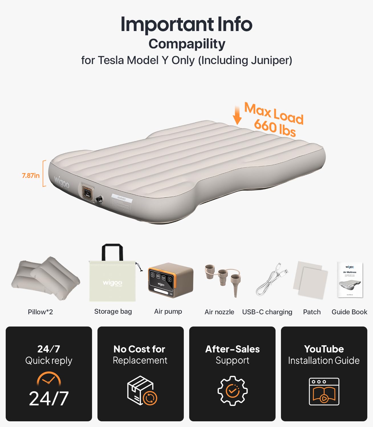 Wigoo 2026 Upgrade Air Mattress for Tesla Model Y [Click Self-Inflate, Home-Level Comfort] USB-C Charging Built-in Air Pump & Ergonomic Design with 2 Pillow, Camping for Tesla Model Y 2020-2026