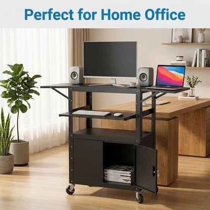 Mobile AV Cart with Lockable Cabinet, Adjustable Height Laptop Stand with Extension Rack, Drop Leaf Workstation, Extra Storage Space, Power Strip Included, Rolling Utility Cart