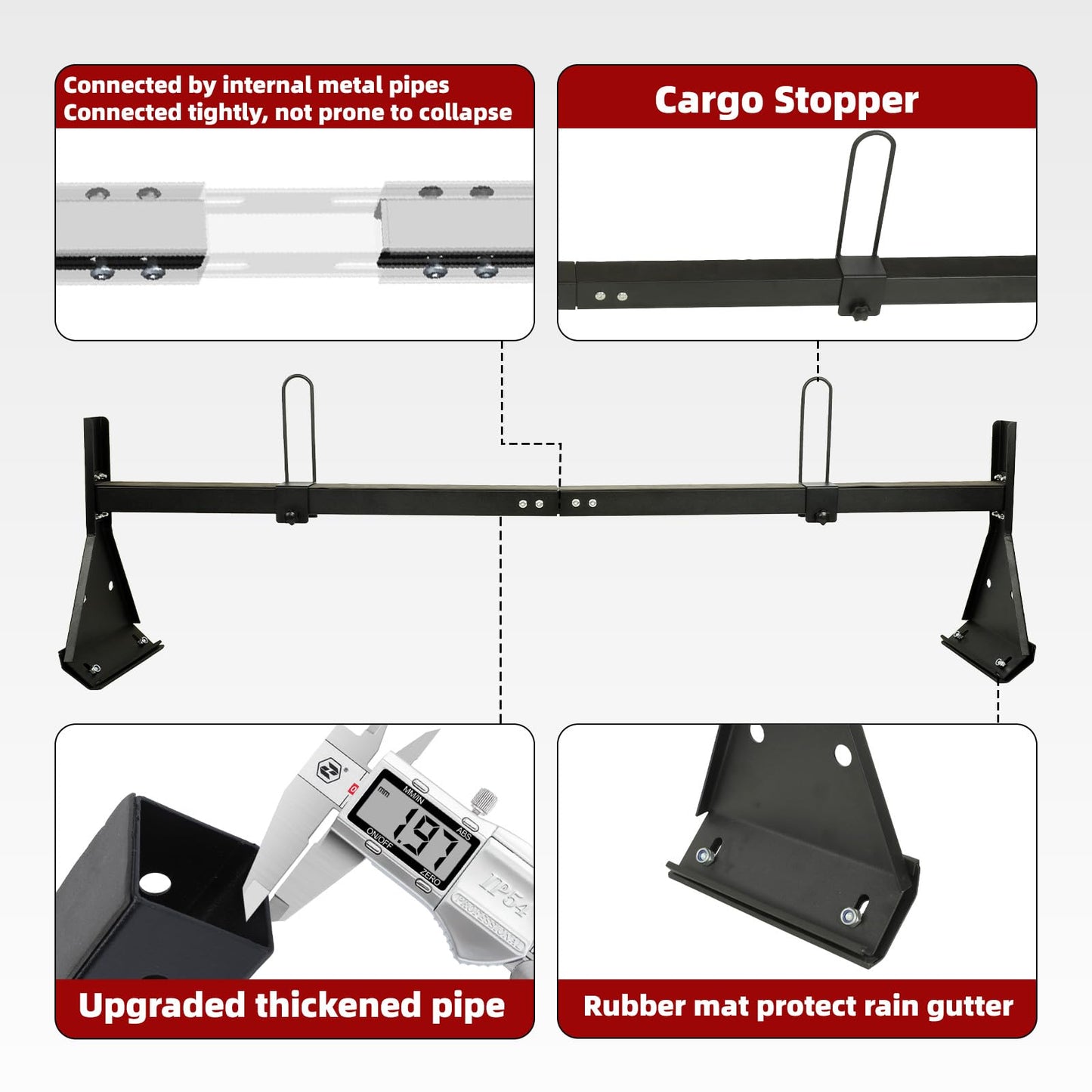 hightall Universal Van Ladder Rack,Adjustable Length 57-70" with Cargo Stoppers,Compatible with Chevy Express 1500 2500 3500 Ford Econoline GMC Savana Fullsize with Rain Gutter