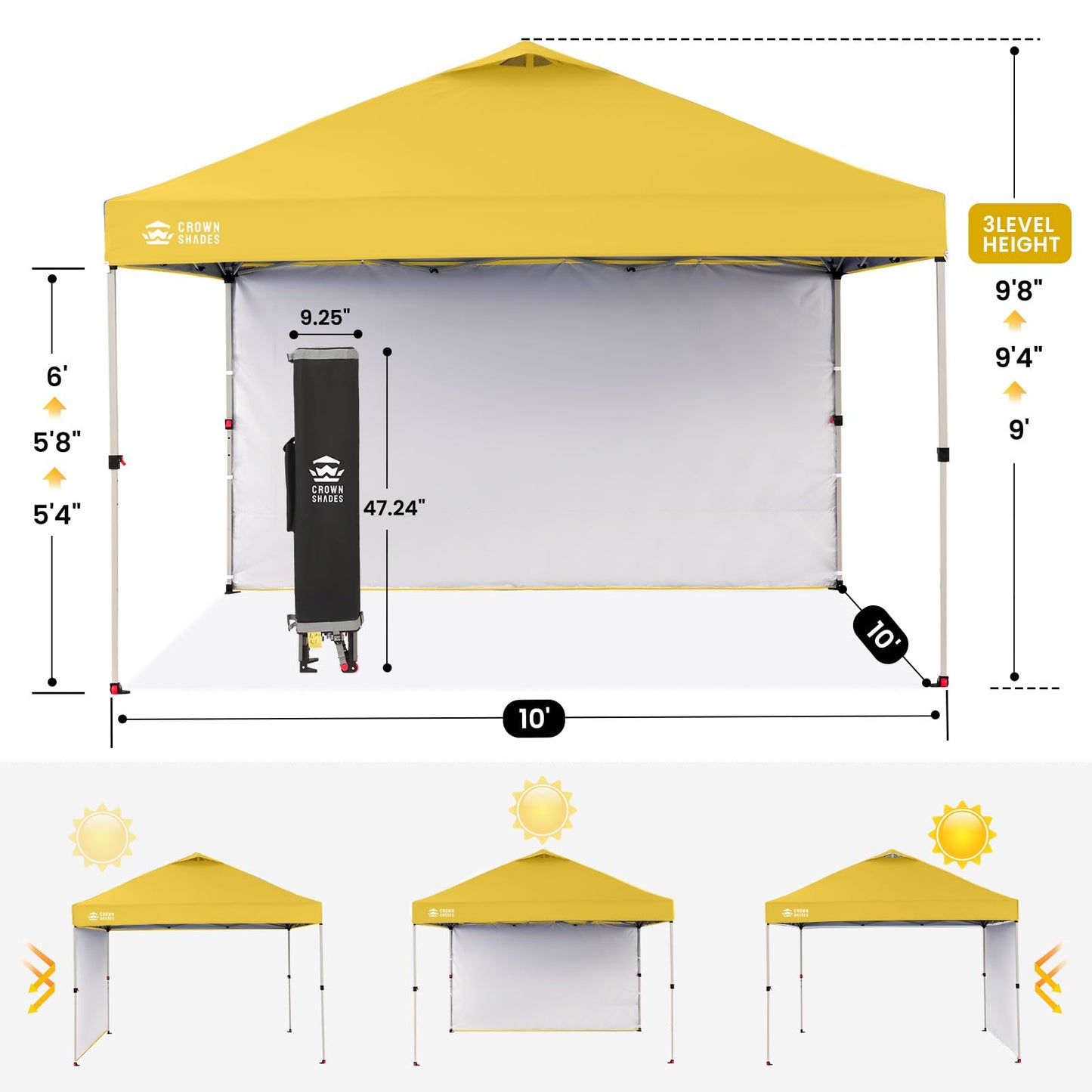 CROWN SHADES 10x10 Pop Up Canopy with 1 Side Wall - Beach Tent with One Push Setup - Outdoor Sun Shade for Events, Parties, Camping - Gazebo with STO-N-Go Cover Bag (Yellow)