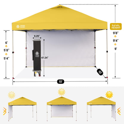 CROWN SHADES 10x10 Pop Up Canopy with 1 Side Wall - Beach Tent with One Push Setup - Outdoor Sun Shade for Events, Parties, Camping - Gazebo with STO-N-Go Cover Bag (Yellow)