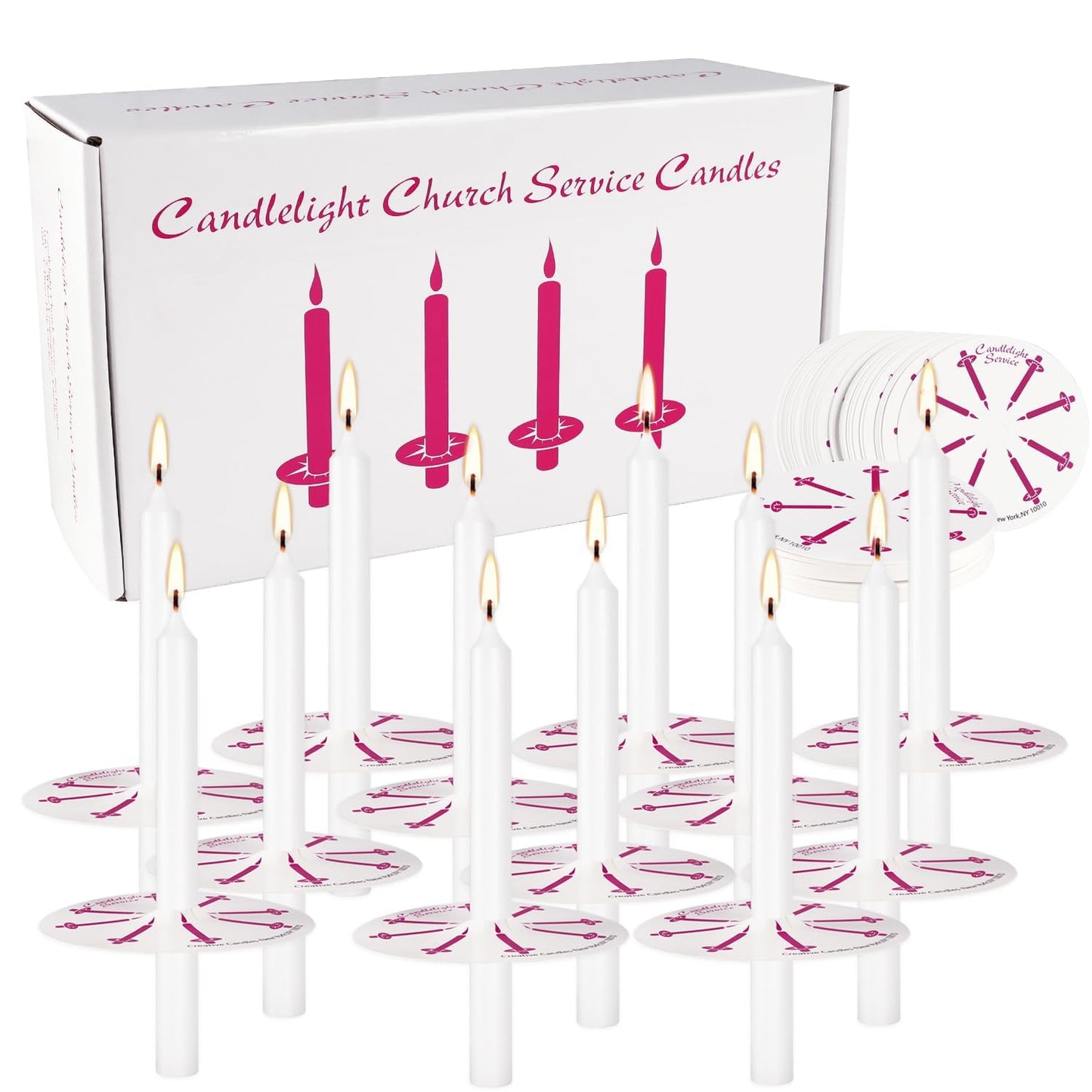 100pcs Church Chime Taper Candle for Altar Meditation Supplies Rituals,Religion,Shabbat,4 Inch Tall Unscented and Smokeless with Drip Protectors (White)