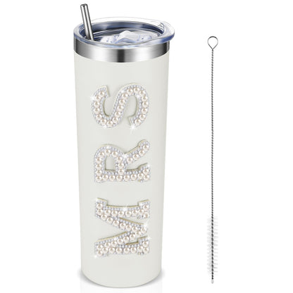 Zhehao Bride Cups Tumbler 20 oz Bachelorette Gift for Bride Tumblers Stainless Steel Mrs Cup with Lid Straw Bridal Gifts Mrs Water Bottle for Bridal Shower Engagement Party(White,Pearl)