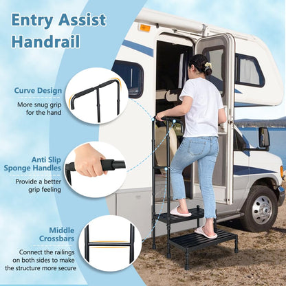 RV Steps with handrails 2 Steps Mobile Home Stairs Steps Outdoor Hot tub Steps with Two handrails Height Adjustable Step Stool Portable Stairs for 5th Wheel RV, Motor Home, Travel Trailer, Camper