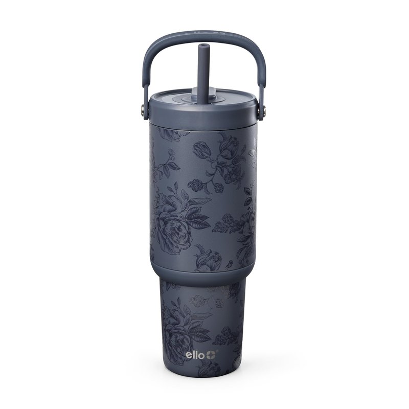 Ello Oasis Go+ 32oz Tumbler with Top Handle and Retracting Straw | Reusable Insulated Stainless Cup, 100% Leakproof Water Bottle, 24 Hours Cold, Cup Holder Friendly For Travel | Porcelain Rose Navy