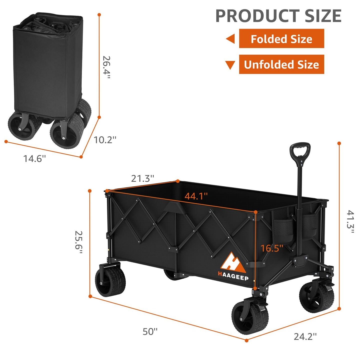 Collapsible Wagon Cart with Wheels Foldable - Folding Utility Heavy Duty Wagons Carts for Grocery Sports Garden Shopping Camping Wheelbarrows (Black,300L)
