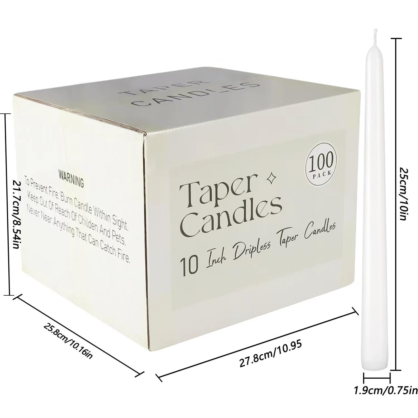 YOROXRG 100Pack White Taper Candles, 7-8 Hours Burn Time, Unscented, Smokeless and Dripless, 0.75 x 10 Inch Dinner Candle Set for Household, Wedding, Party and Home Décor Candlesticks