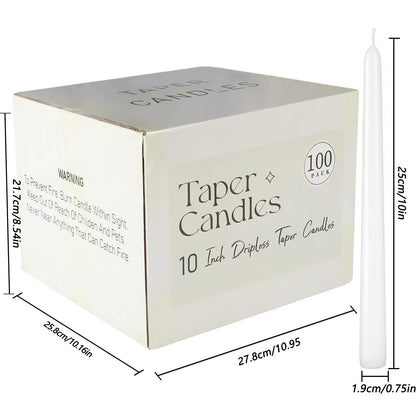 YOROXRG 100Pack White Taper Candles, 7-8 Hours Burn Time, Unscented, Smokeless and Dripless, 0.75 x 10 Inch Dinner Candle Set for Household, Wedding, Party and Home Décor Candlesticks