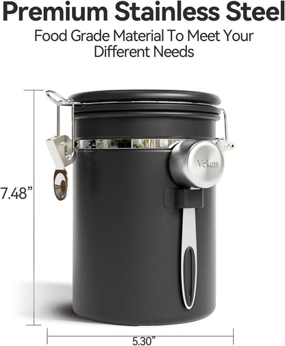 Veken Coffee Canister - Airtight Stainless Steel Container with Window - 22oz Black for Freshness