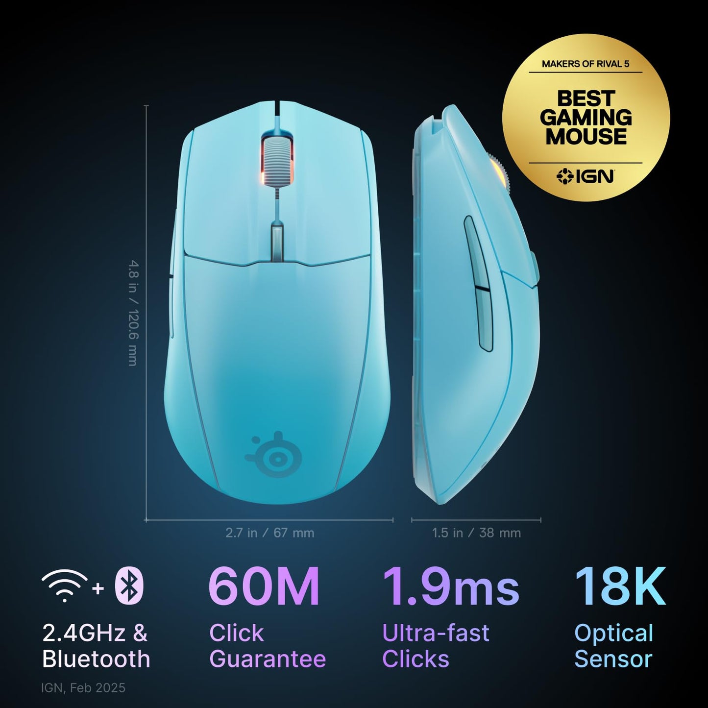 SteelSeries Rival 3 Wireless Gen 2 Gaming Mouse — 2.4GHz and Bluetooth — 18000 DPI TrueMove Air Optical Sensor — 60 Million Click Durability — Light-Weight — 100% PTFE Feet — Black