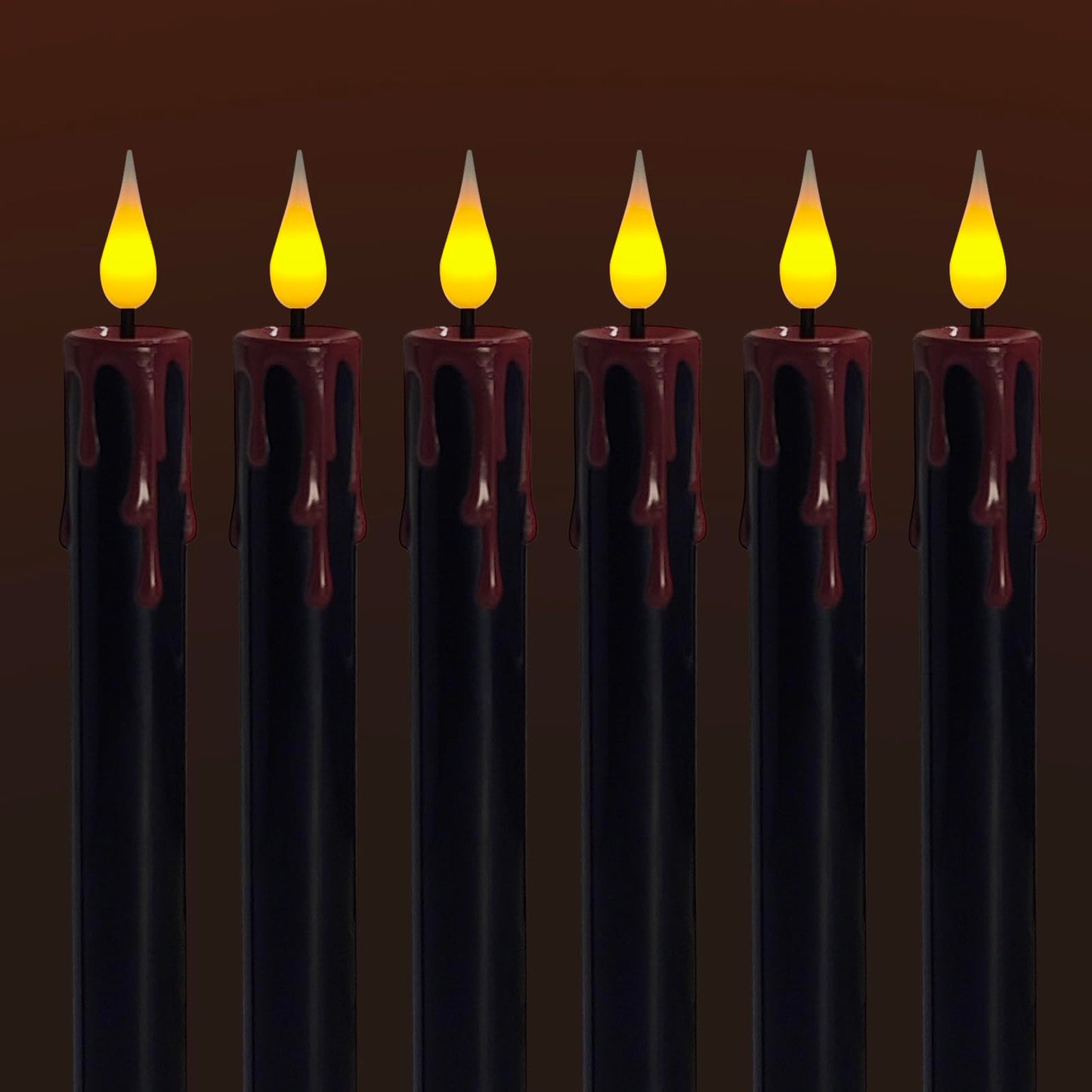 ODTRAM Flameless Taper Candles with 3D Flickering Effect Blood Dripping & 10-Key Remote，Taper Candles Battery Operated for Halloween Spooky Horror Home Decoration - Set of 6 Black(0.8" x 10")